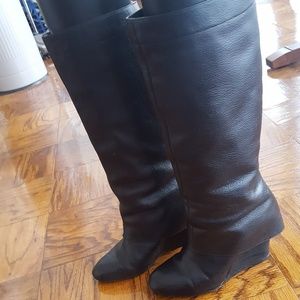 Black Leather Moto Wedge Boots